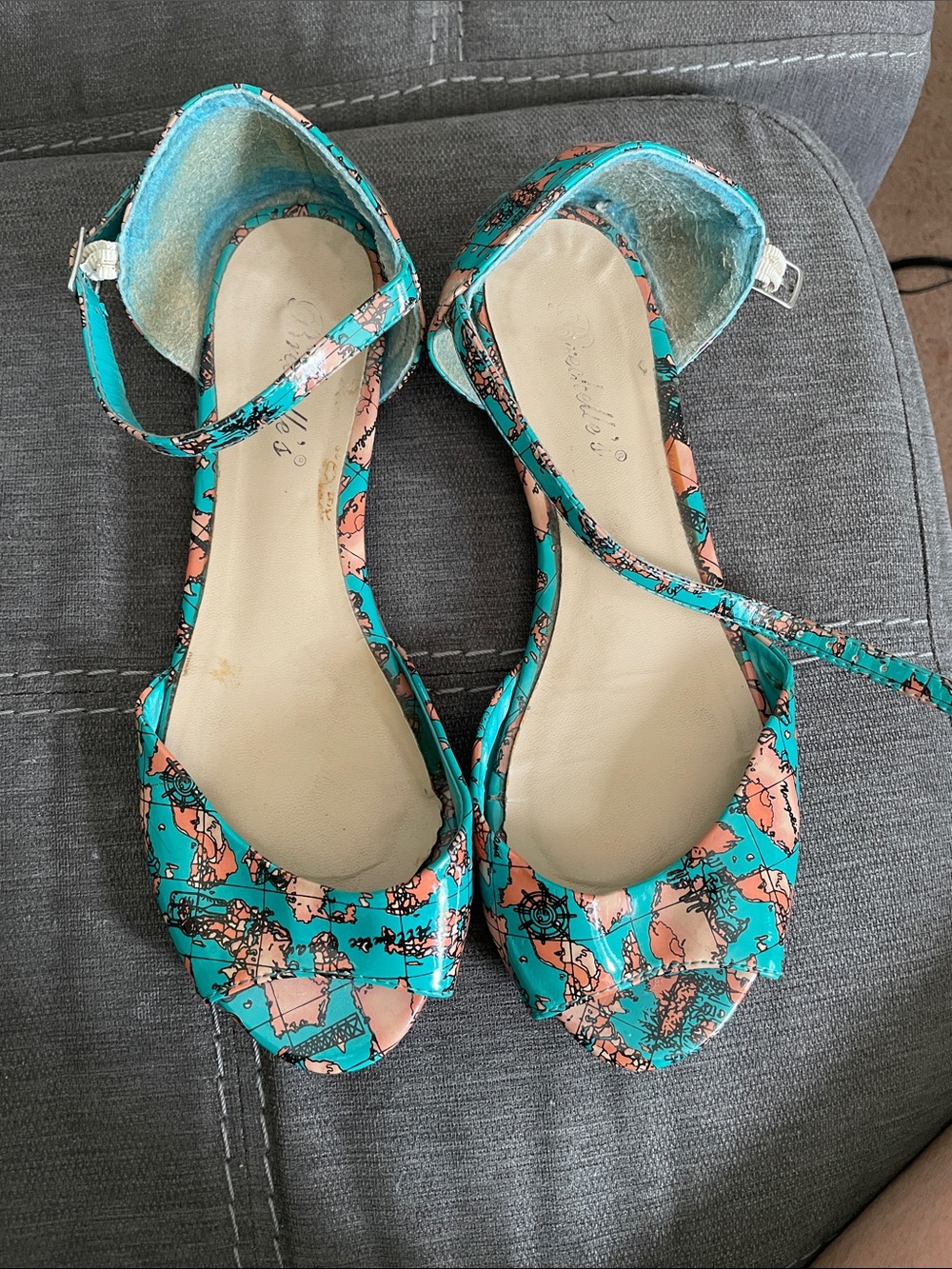 Teal and salmon map-theme sandals, donating 9/4